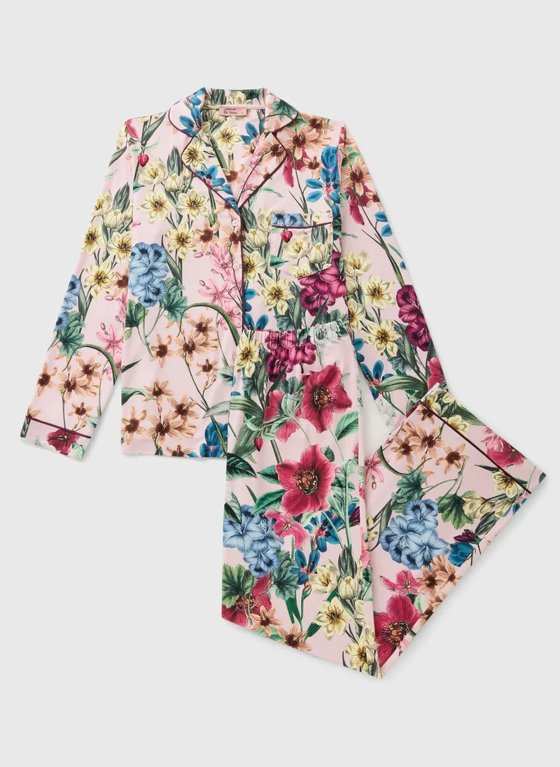 ماتلان طقم بيجامة وردي بأزرار وطبعة زهور